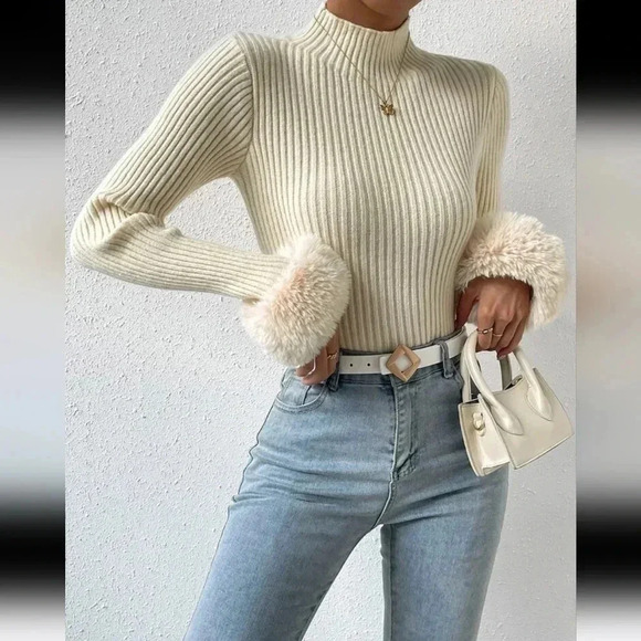Mock Neck Fuzzy Cuff Sweater - Picture 5 of 6